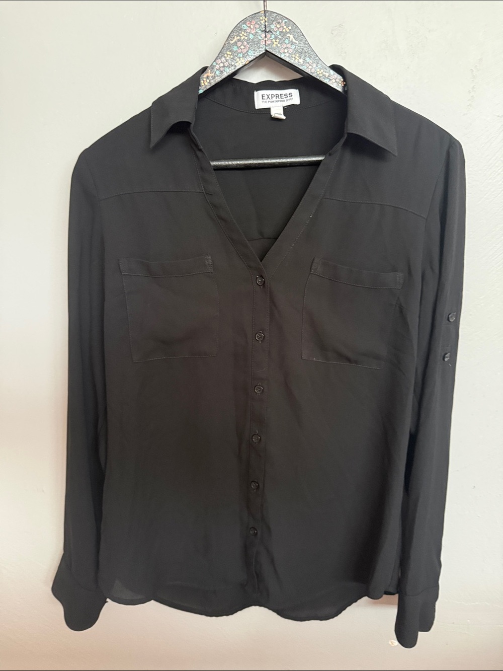 Express Portofino Black Button Front, Roll Tab Sleeve Blouse.
